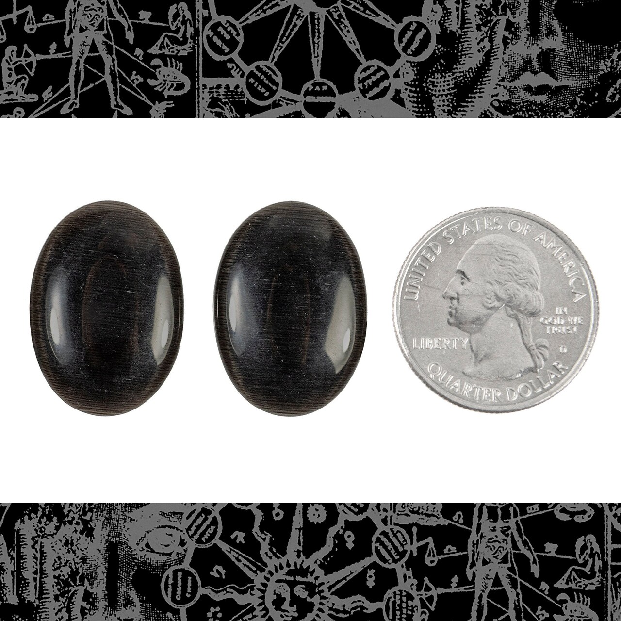 25mm x 18mm Black Glass Cat's Eye Cabochons - Set of Two - CAB56